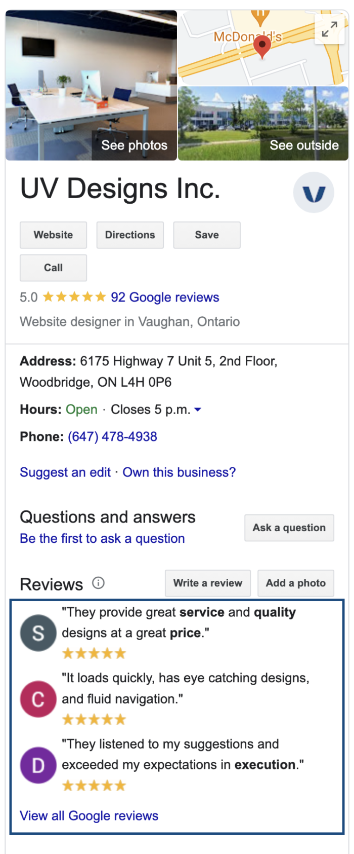 Google Business Profile showing information and Google Reviews