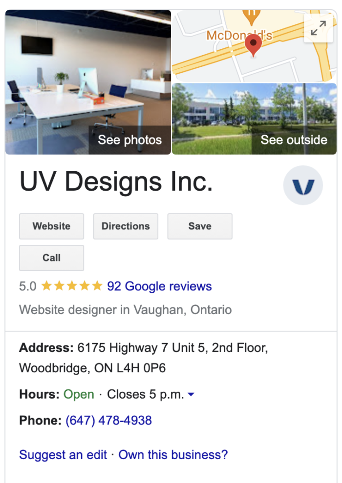 Google My Business Profile for UV Designs with their address at 6175 Highway 7 Unit 5, 2nd Floor, Woodbridge, ON L4H 0P6. Their hours say it is currrently open and closes at 5 p.m. Their phone number is 647 478 4938.
