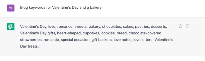 Screenshot of ChatGPT asking keywords for Valentine's Day and a bakery