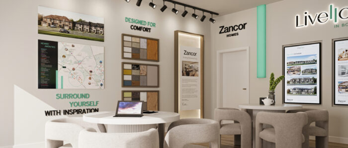 sales office interior setup and renderings