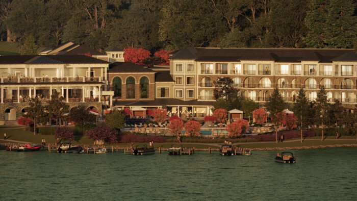 lake oconee resort 3d renderings exterior aerial sunset